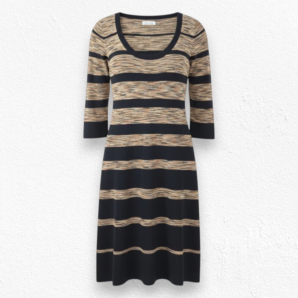 Calvin Klein Black Tan Stripe Sweater Dress Scoop Neck 3/4 Sleeve Size Small